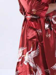 Hombres Bata de dormir con estampado de grulla con doble bolsillos con cinturón - Burdeos - Ver 3