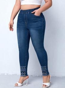 SHEIN Essnce 大碼幾何刺繡毛邊緊身牛仔褲 - 深色水洗藍 - 查看 1