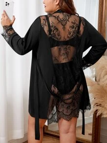 Bata con cinturón con encaje en contraste sin lencería - Negro - Ver 1