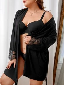 Bata con cinturón con encaje en contraste sin lencería - Negro - Ver 5