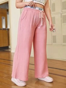 SHEIN Qutie Plus Letter Graphic Drawstring Waist Joggers - Dusty Pink - View 3