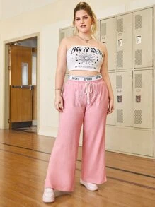 SHEIN Qutie Plus Letter Graphic Drawstring Waist Joggers - Dusty Pink - View 4