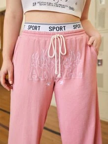 SHEIN Qutie Plus Letter Graphic Drawstring Waist Joggers - Dusty Pink - View 7