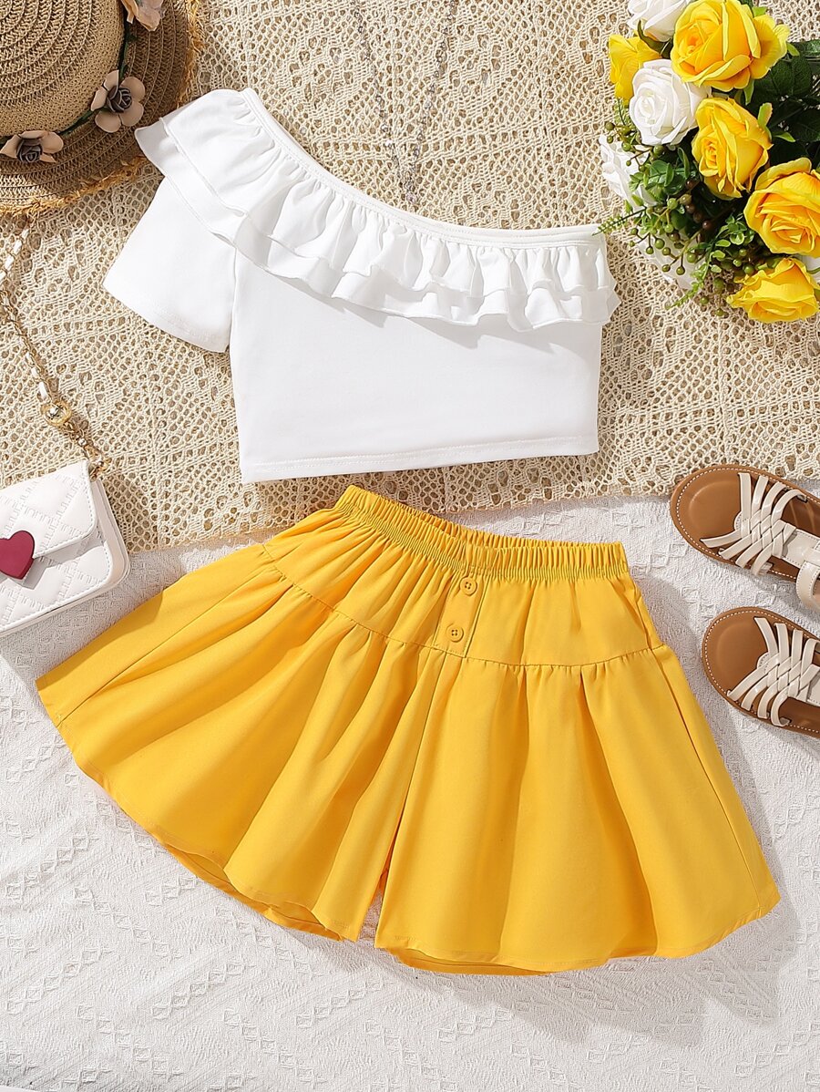 SHEIN Chicas de un hombro ribete con fruncido Top & Skort - Multicolor - Ver 1