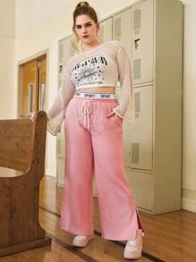 SHEIN Qutie Plus Letter Graphic Drawstring Waist Joggers - Dusty Pink - View 8