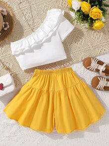 SHEIN Chicas de un hombro ribete con fruncido Top & Skort - Multicolor - Ver 2