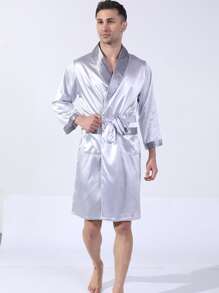 Hombres Bata de dormir de cuello esmoquin con doble bolsillos con cinturón - Gris - Ver 1