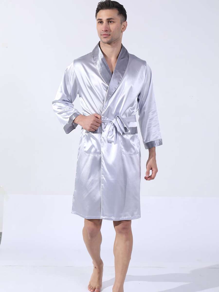 Hombres Bata de dormir de cuello esmoquin con doble bolsillos con cinturón - Gris - Ver 1