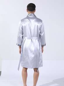 Hombres Bata de dormir de cuello esmoquin con doble bolsillos con cinturón - Gris - Ver 2