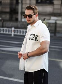 Manfinity Homme 男士字母圖案燈芯絨襯衫 - 白色 - 查看 3