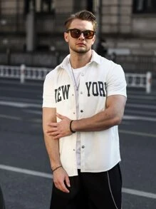 Manfinity Homme 男士字母圖案燈芯絨襯衫 - 白色 - 查看 4