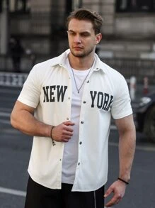 Manfinity Homme 男士字母圖案燈芯絨襯衫 - 白色 - 查看 6