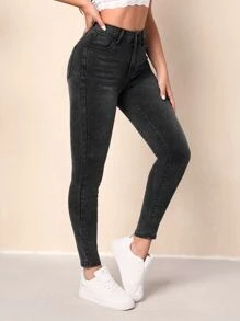 High Waist Skinny Jeans - Dark Grey - View 2