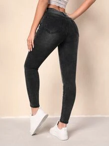 High Waist Skinny Jeans - Dark Grey - View 3