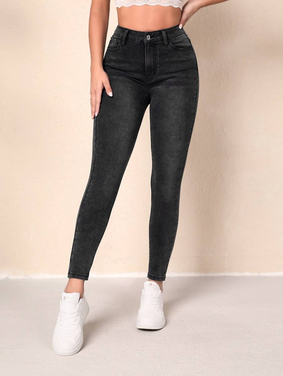 High Waist Skinny Jeans - Dark Grey - View 1