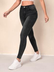 High Waist Skinny Jeans - Dark Grey - View 6