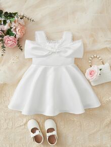 SHEIN Glamorique Kids Bebé Vestido de fiesta con lazo delantero ribete con encaje - Blanco - Ver 3