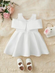SHEIN Glamorique Kids Bebé Vestido de fiesta con lazo delantero ribete con encaje - Blanco - Ver 4