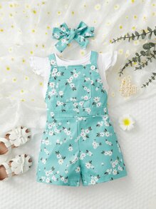 SHEIN Vintaside Kids 嬰兒女孩襯邊圓領t卹 & 印花連體衣套裝,配頭帶 - 彩色 - 查看 6
