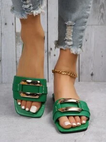 Size 35-43 Oversized Summer New Outdoor Fashion Casual Metal Buckle Strap Ladies' Slippers, Purple Soft Bottom Beach Sandals, Comfortable Flat Sandals For Dresses - Green - View 3