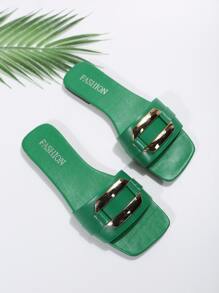 Size 35-43 Oversized Summer New Outdoor Fashion Casual Metal Buckle Strap Ladies' Slippers, Purple Soft Bottom Beach Sandals, Comfortable Flat Sandals For Dresses - Green - View 2