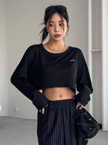 DAZY Letter Patched Drop Shoulder Crop Tee - Black - View 1