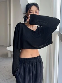 DAZY Letter Patched Drop Shoulder Crop Tee - Black - View 7