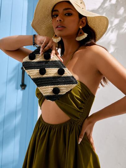 雙色絨球裝飾草編包帶腕帶