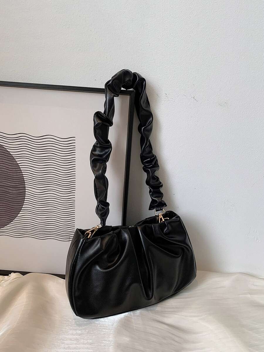 1 件女童 PU 褶皱云纯色多功能单肩包适合所有季节、户外、散步和用餐 - 黑色 - 查看 1