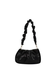 1 件女童 PU 褶皱云纯色多功能单肩包适合所有季节、户外、散步和用餐 - 黑色 - 查看 2