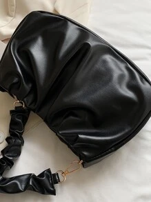 1 件女童 PU 褶皱云纯色多功能单肩包适合所有季节、户外、散步和用餐 - 黑色 - 查看 5