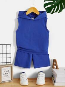 SHEIN Chàng trai trẻ Chất rắn áo có mũ Áo ba lỗ & Quần short - Màu xanh lam - Xem 1
