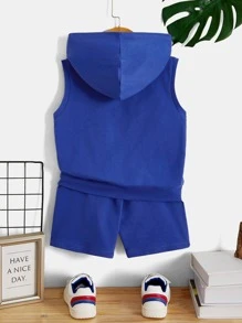SHEIN Chàng trai trẻ Chất rắn áo có mũ Áo ba lỗ & Quần short - Màu xanh lam - Xem 2
