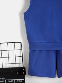 SHEIN Chàng trai trẻ Chất rắn áo có mũ Áo ba lỗ & Quần short - Màu xanh lam - Xem 4