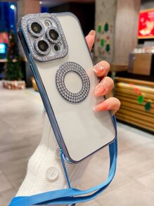 Rhinestone Decor Clear Phone Case With Lanyard - Blue - View 1