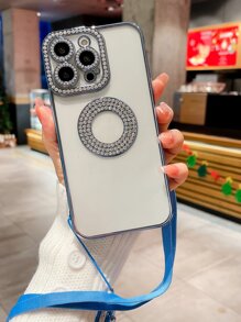 Rhinestone Decor Clear Phone Case With Lanyard - Blue - View 4