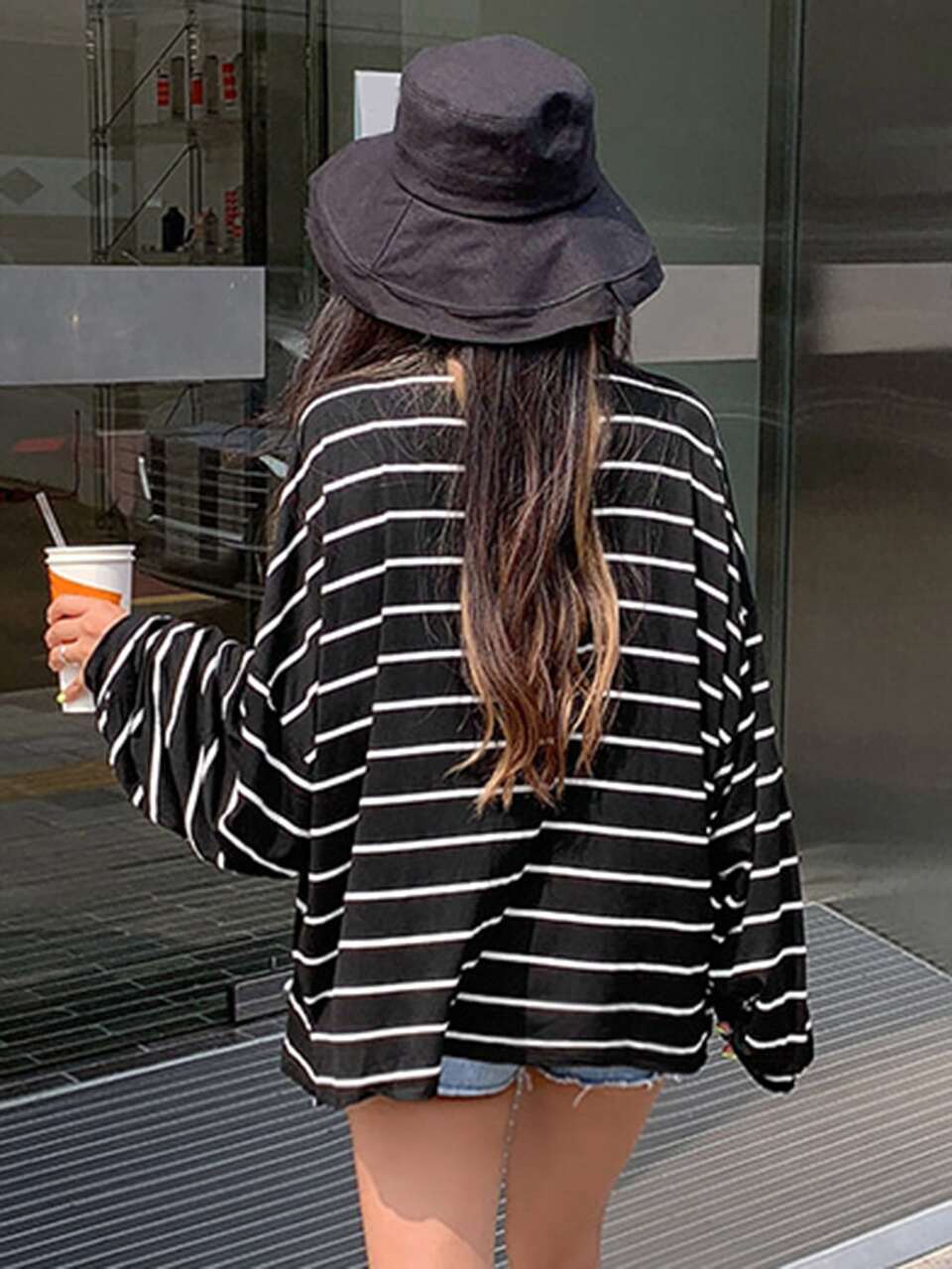 Striped Drop Shoulder Oversized Tee Preppy Tops Long Sleeve Women Tops,Fall Women Clothes