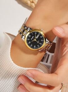 1 件 POSHI 女士石英表，带日期和星期显示，简约表盘，附原装礼盒 - 黑色 - 查看 1