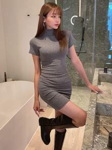 DAZY Cổ cao Đồ đan Ribbed Váy bodycon - Xám - Xem 7