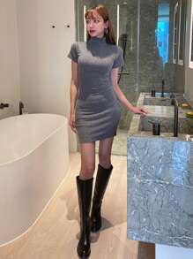 DAZY Cổ cao Đồ đan Ribbed Váy bodycon - Xám - Xem 8