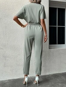 SHEIN LUNE 交疊領蝙蝠袖腰部抽繩連身褲 - 薄荷綠 - 查看 2