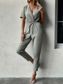 SHEIN LUNE 交疊領蝙蝠袖腰部抽繩連身褲 - 薄荷綠 - 查看 4