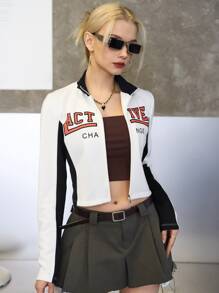 SHEIN Letter Graphic Zip Up Crop Jacket - White - View 7