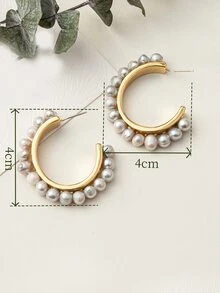 人造珍珠裝飾開口耳環 - 彩色 - 查看 3