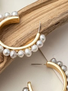 人造珍珠裝飾開口耳環 - 彩色 - 查看 5