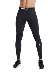 Men Lightning & Letter Graphic Sport Tights - Black - View 1