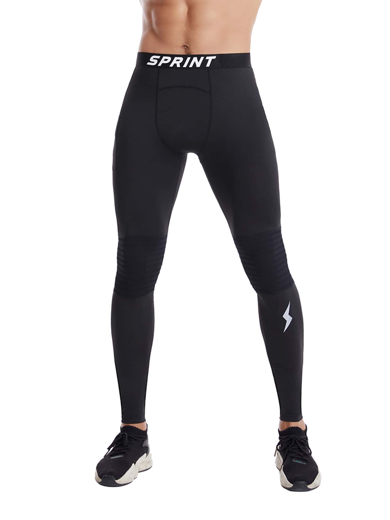 Men Lightning & Letter Graphic Sport Tights - Black - View 1