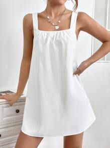 SHEIN PETITE Solid Backless Tank Dress - White - View 4