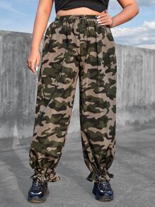 SHEIN ICON Plus Camo Print Drawstring Waist Flounce Hem Trousers - Multicolor - View 1