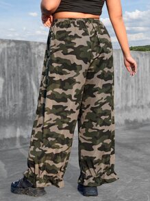 SHEIN ICON Plus Camo Print Drawstring Waist Flounce Hem Trousers - Multicolor - View 2